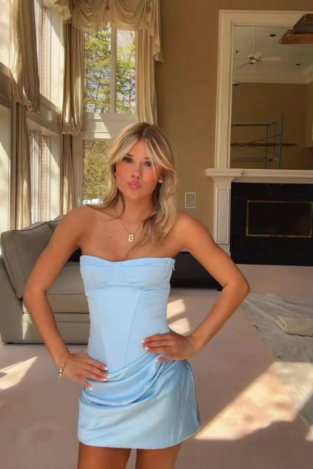 Light Blue Strapless Satin Mini Homecoming Dress with Corset Bodice