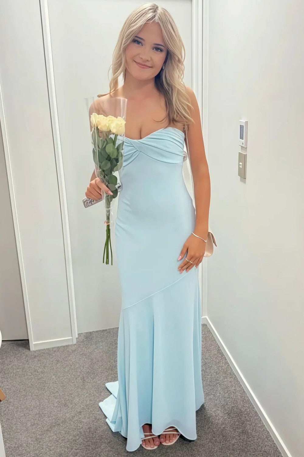 Light Blue Sweetheart Mermaid Prom Dress with Ruched Bodice