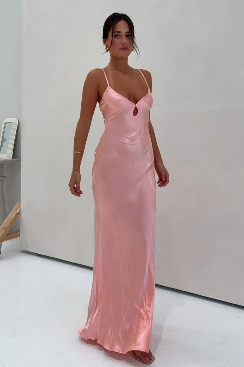 Light Green Spaghetti Straps Satin Prom Dress with Keyhole Neckline