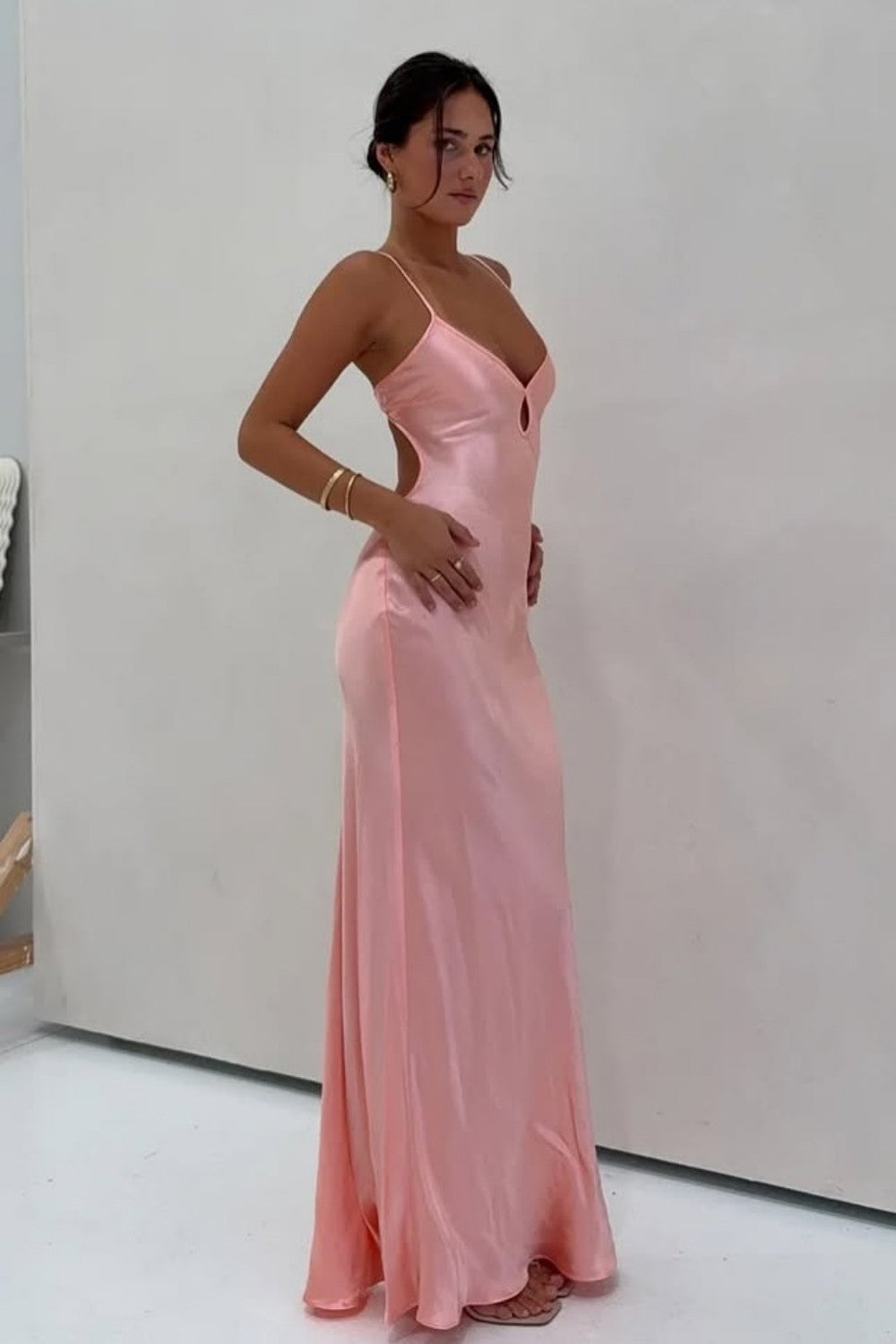 Light Green Spaghetti Straps Satin Prom Dress with Keyhole Neckline