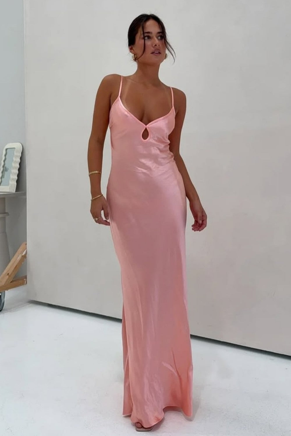 Light Green Spaghetti Straps Satin Prom Dress with Keyhole Neckline