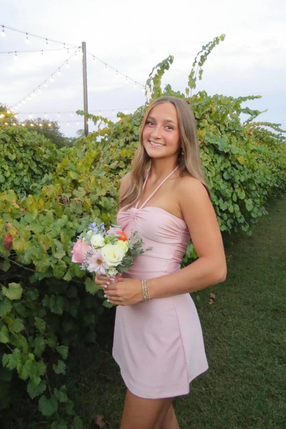 Light Pink Halter Mini Homecoming Dress with Twist Front