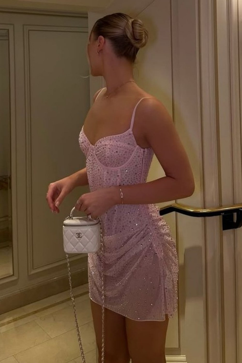 Light Pink Sparkly Sheath Mini Homecoming Dress with Rhinestone Detail