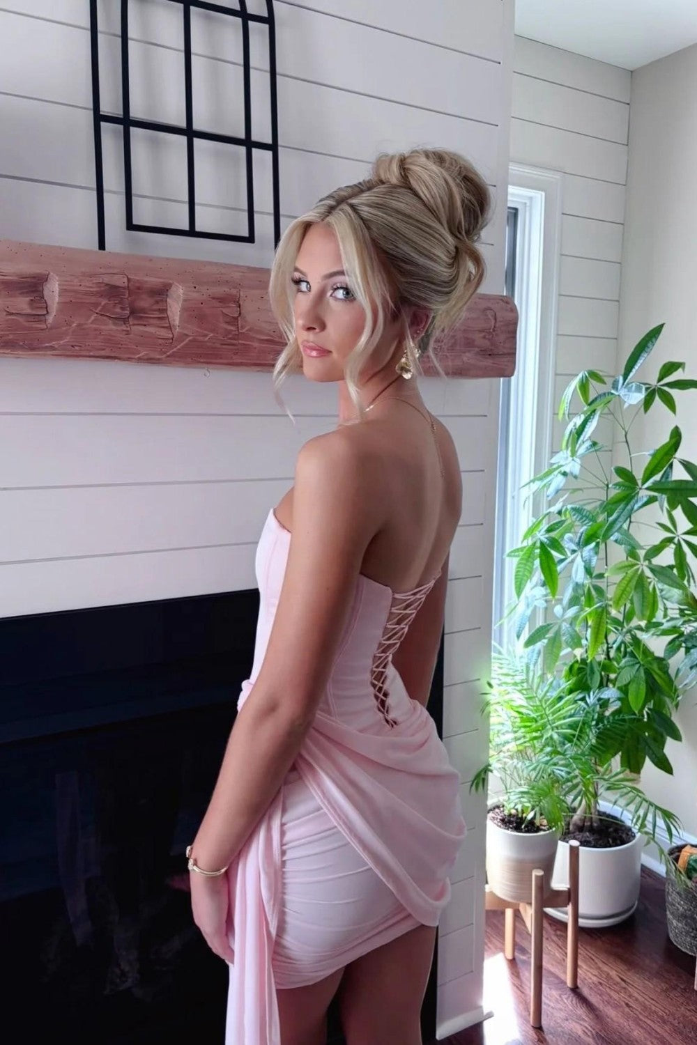 Light Pink Strapless Corset Homecoming Dress with Ruched Draped Skirt