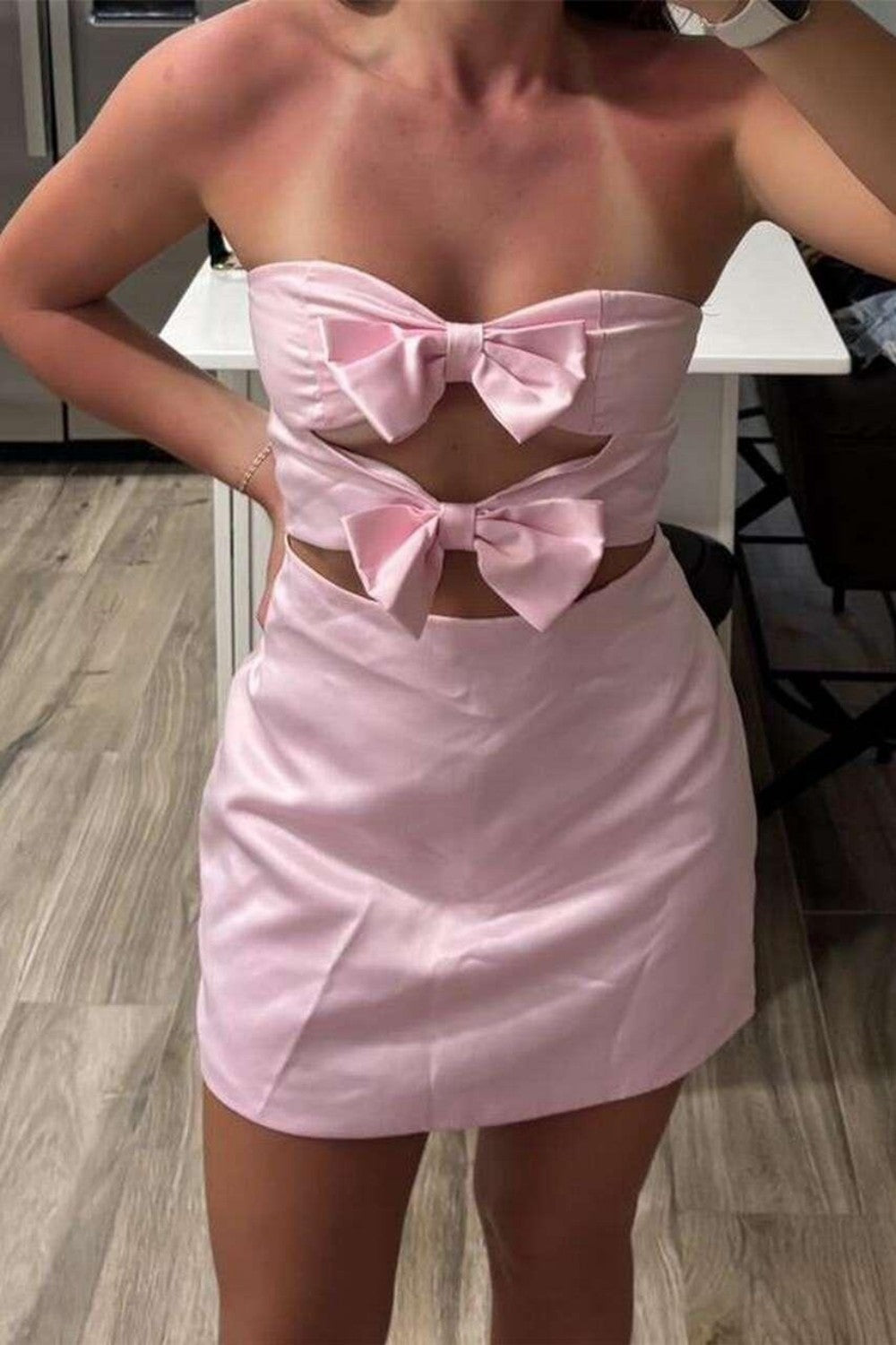 Light Pink Strapless Homecoming Dress with Double Bows and Cutout Waist
