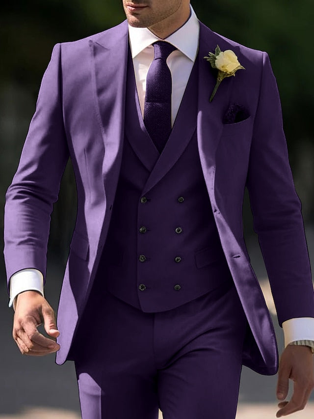 Men's Tailored Fit Single Breasted Two-buttons 3 Pieces Wedding Suits Purple