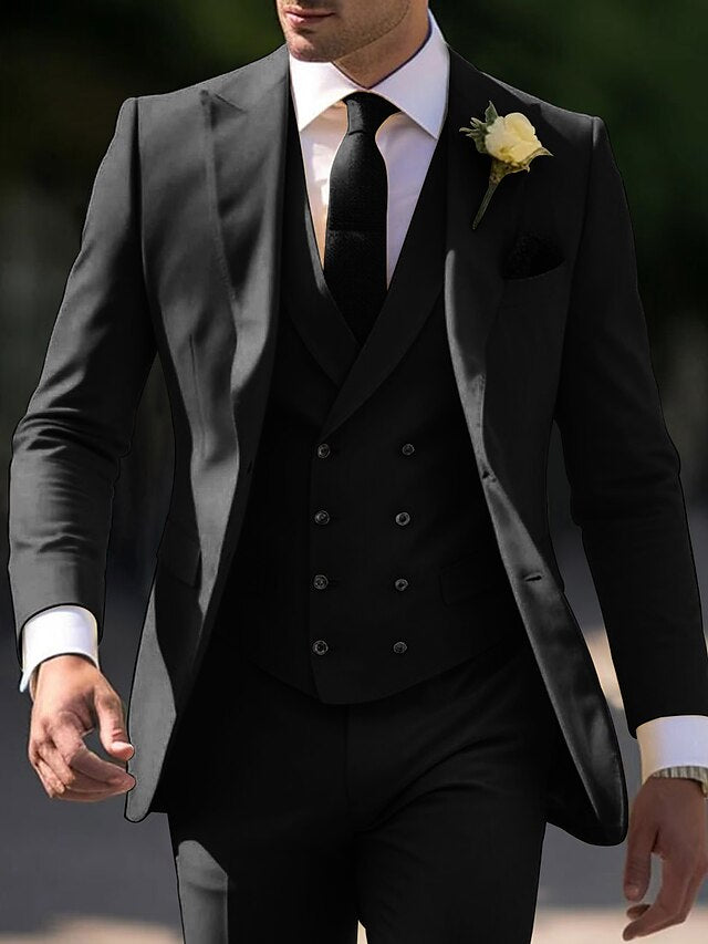 Men's Tailored Fit Single Breasted Two-buttons 3 Pieces Wedding Suits Black
