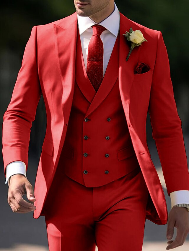 Men's Tailored Fit Single Breasted Two-buttons 3 Pieces Wedding Suits Red