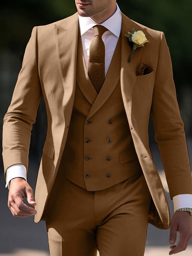 Men's Tailored Fit Single Breasted Two-buttons 3 Pieces Wedding Suits Khaki