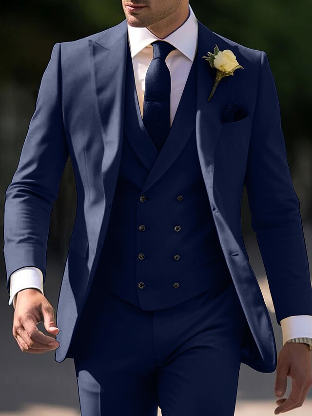 Men's Tailored Fit Single Breasted Two-buttons 3 Pieces Wedding Suits Navy Blue
