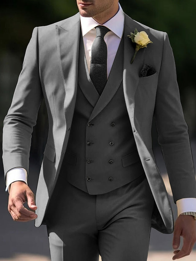 Men's Tailored Fit Single Breasted Two-buttons 3 Pieces Wedding Suits Gray
