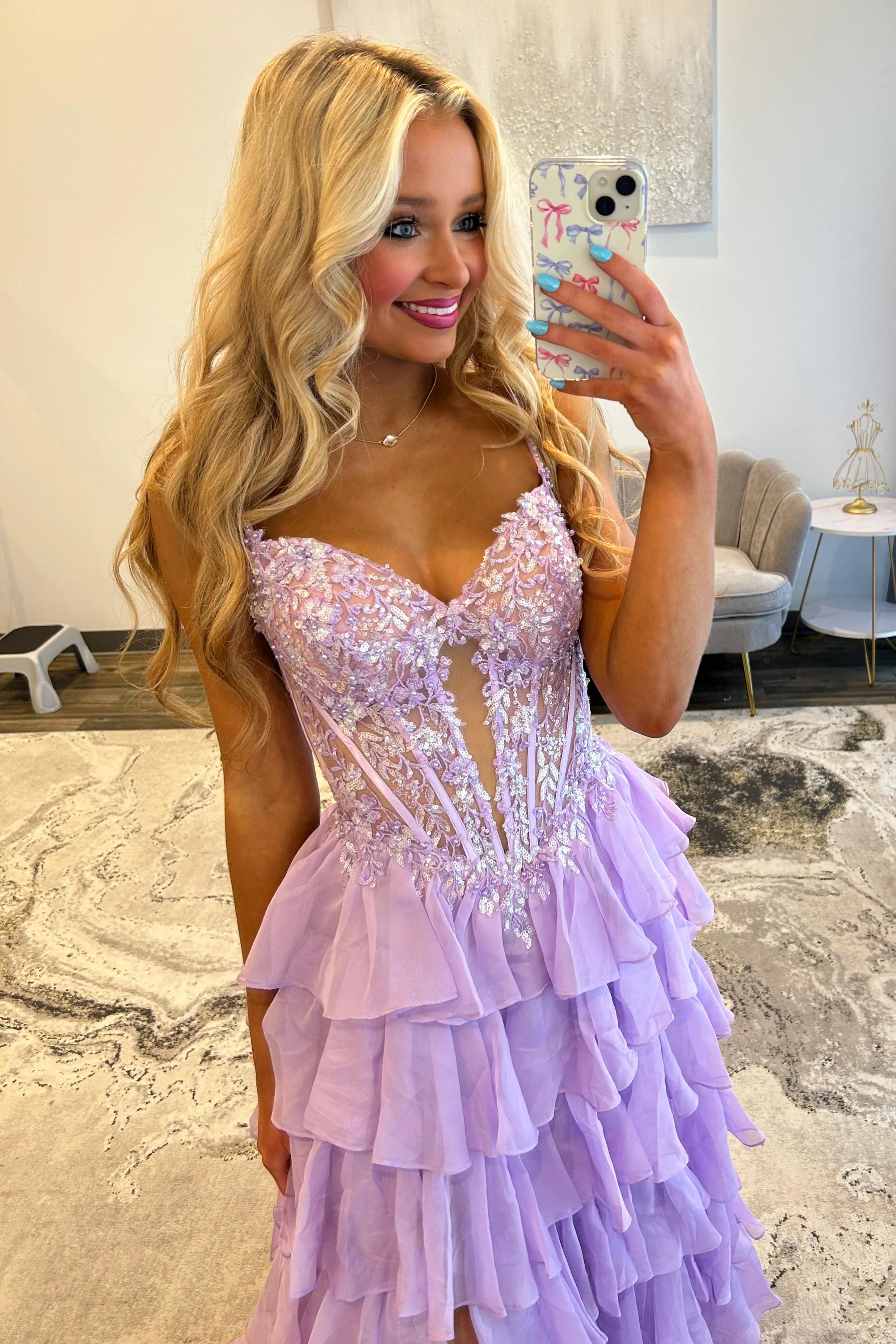 Lilac Appliqué Lace Corset Bodice Ruffle A-Line Prom Dress with High Slit