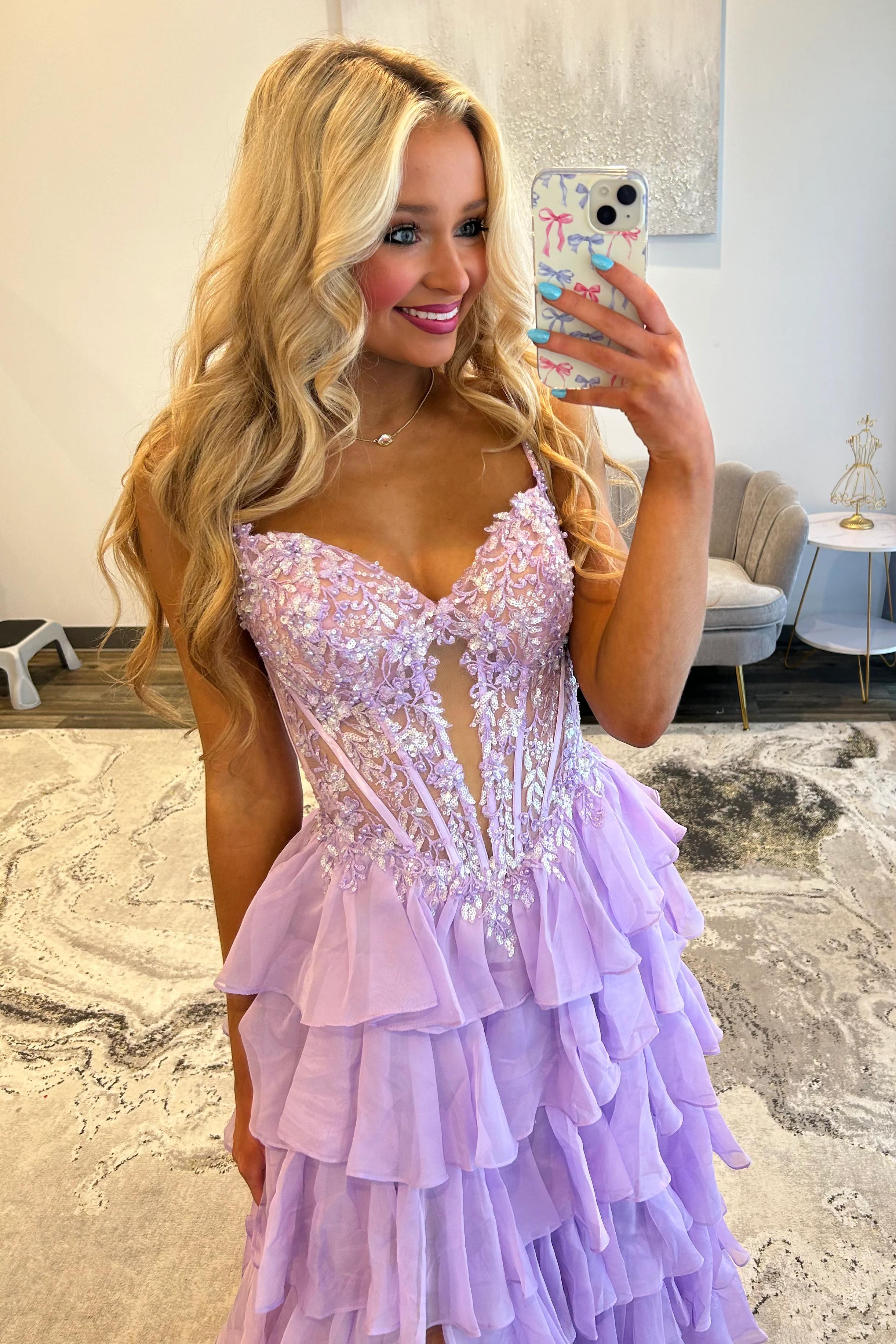 Lilac Appliqué Lace Corset Bodice Ruffle A-Line Prom Dress with High Slit