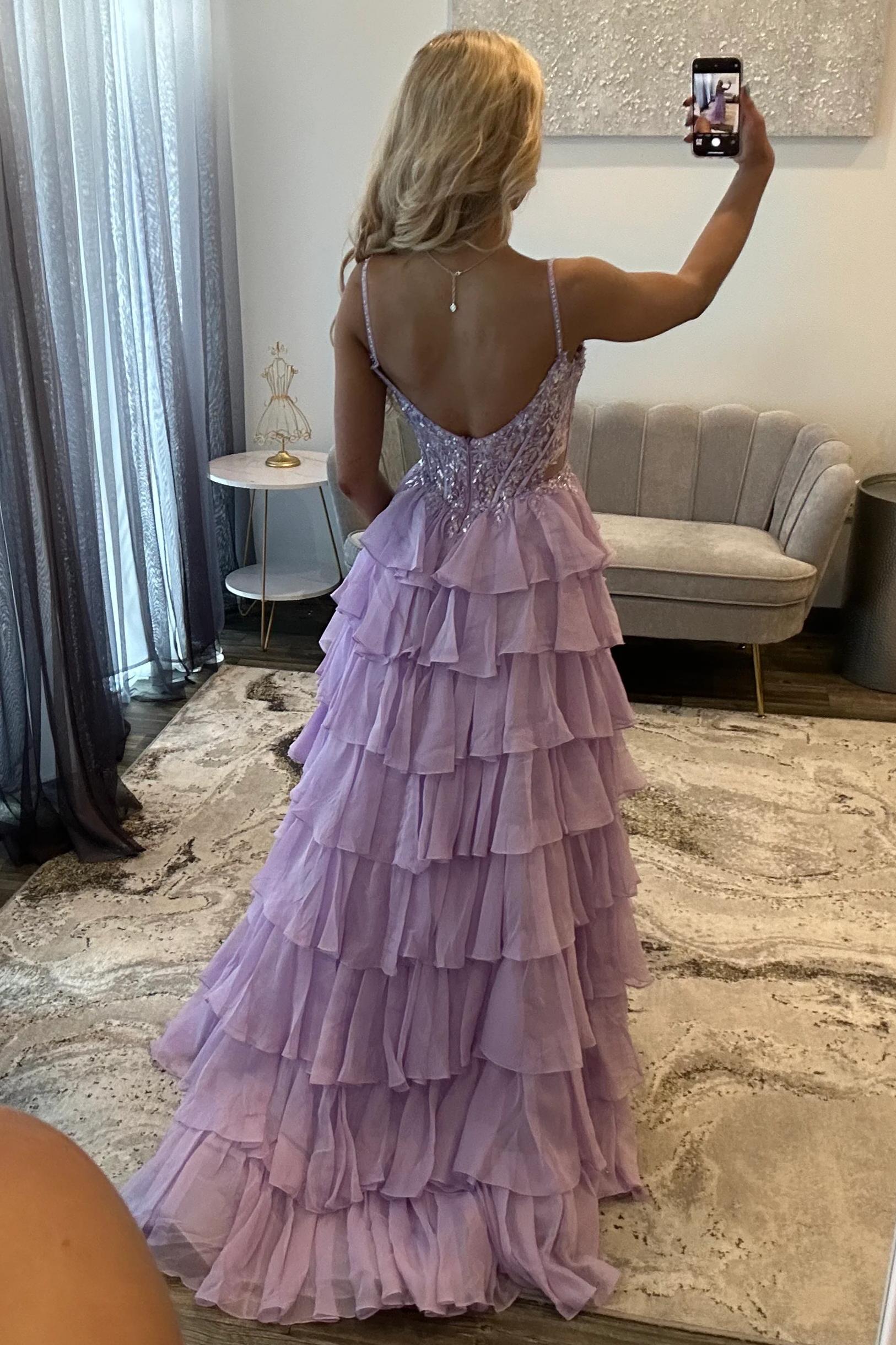 Lilac Appliqué Lace Corset Bodice Ruffle A-Line Prom Dress with High Slit