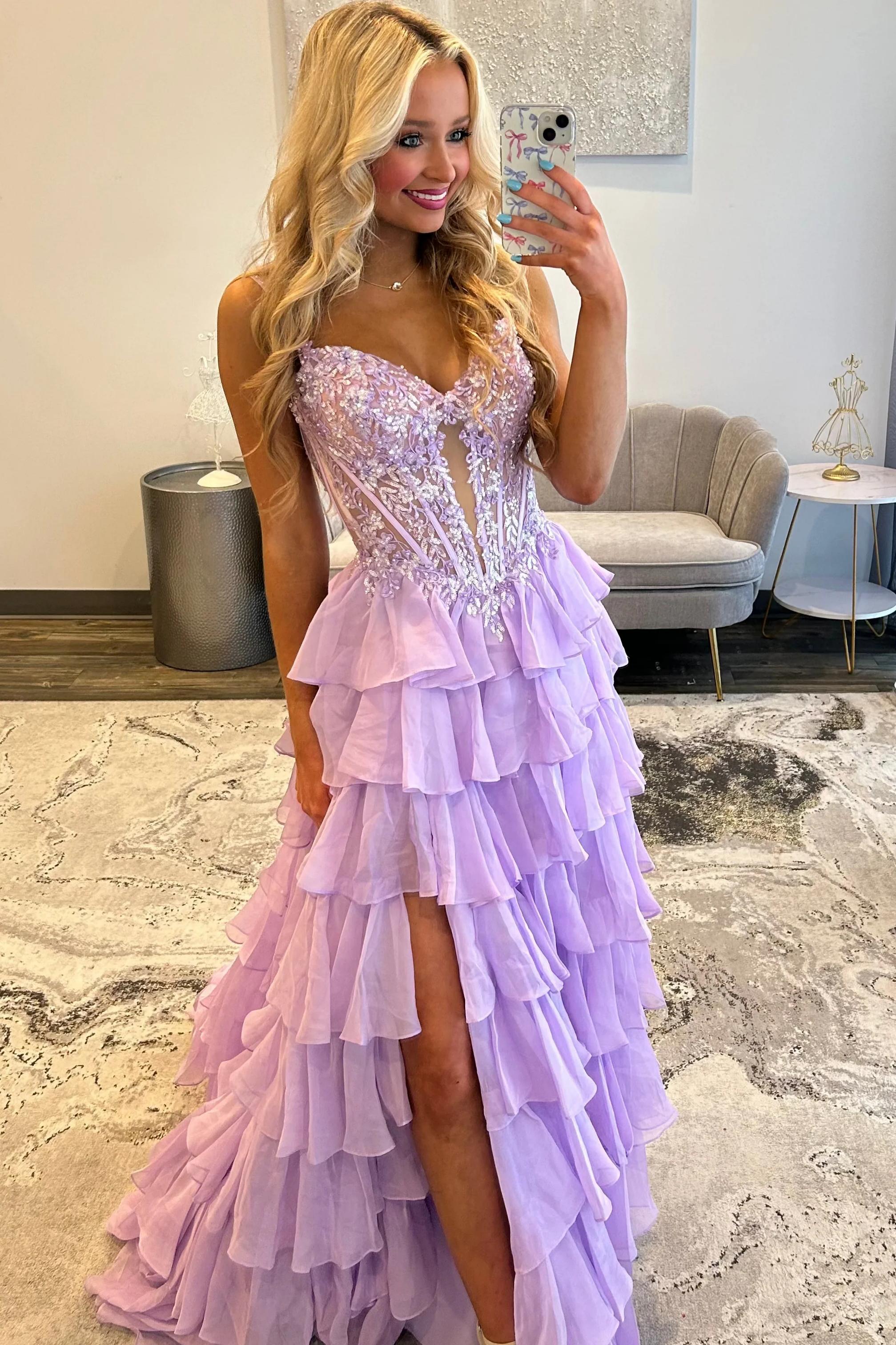 Lilac Appliqué Lace Corset Bodice Ruffle A-Line Prom Dress with High Slit