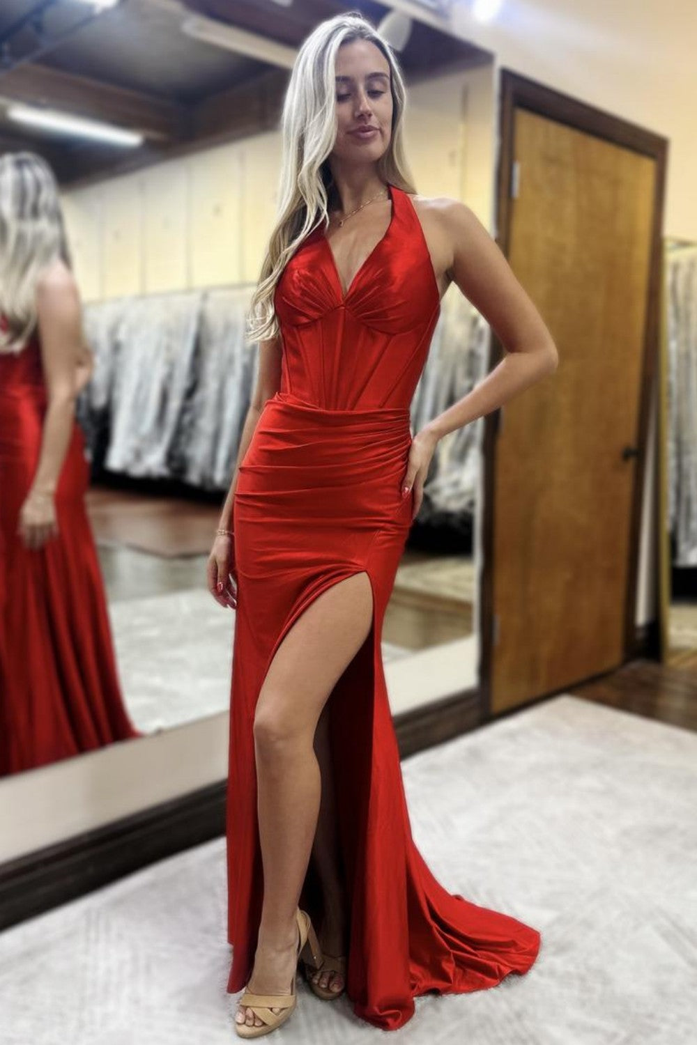 Lilac Halter Corset Satin Long Mermaid Prom Dress with Slit