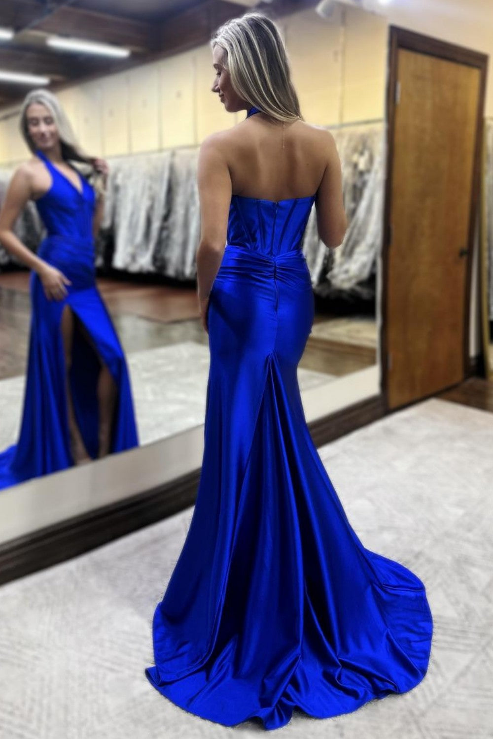 Lilac Halter Corset Satin Long Mermaid Prom Dress with Slit