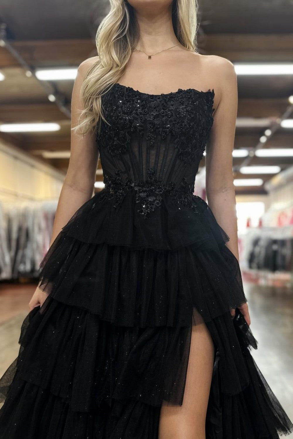 Lovely A-Line Strapless Lace Top Corset Prom Dress with Layered Tulle Skirt