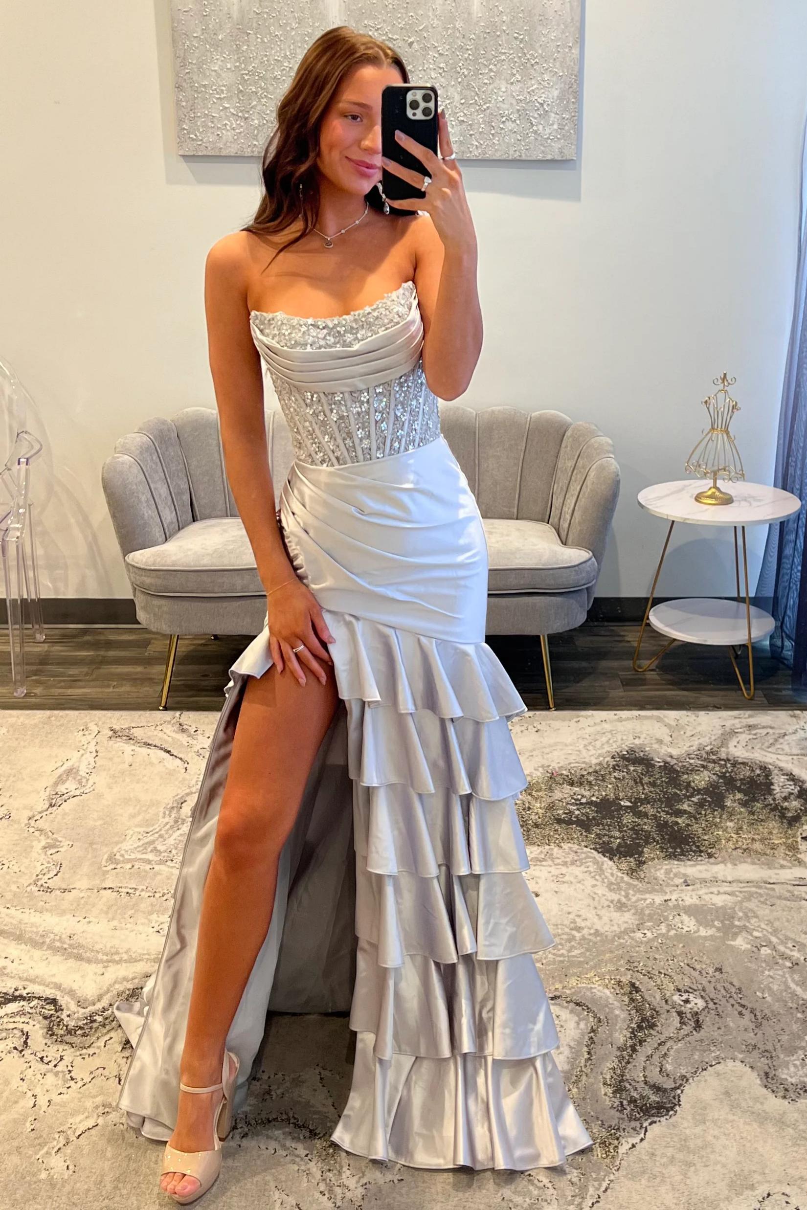 Lovely Mermaid Strapless Lace Top Long Ruffle Satin Prom Dress with Slit