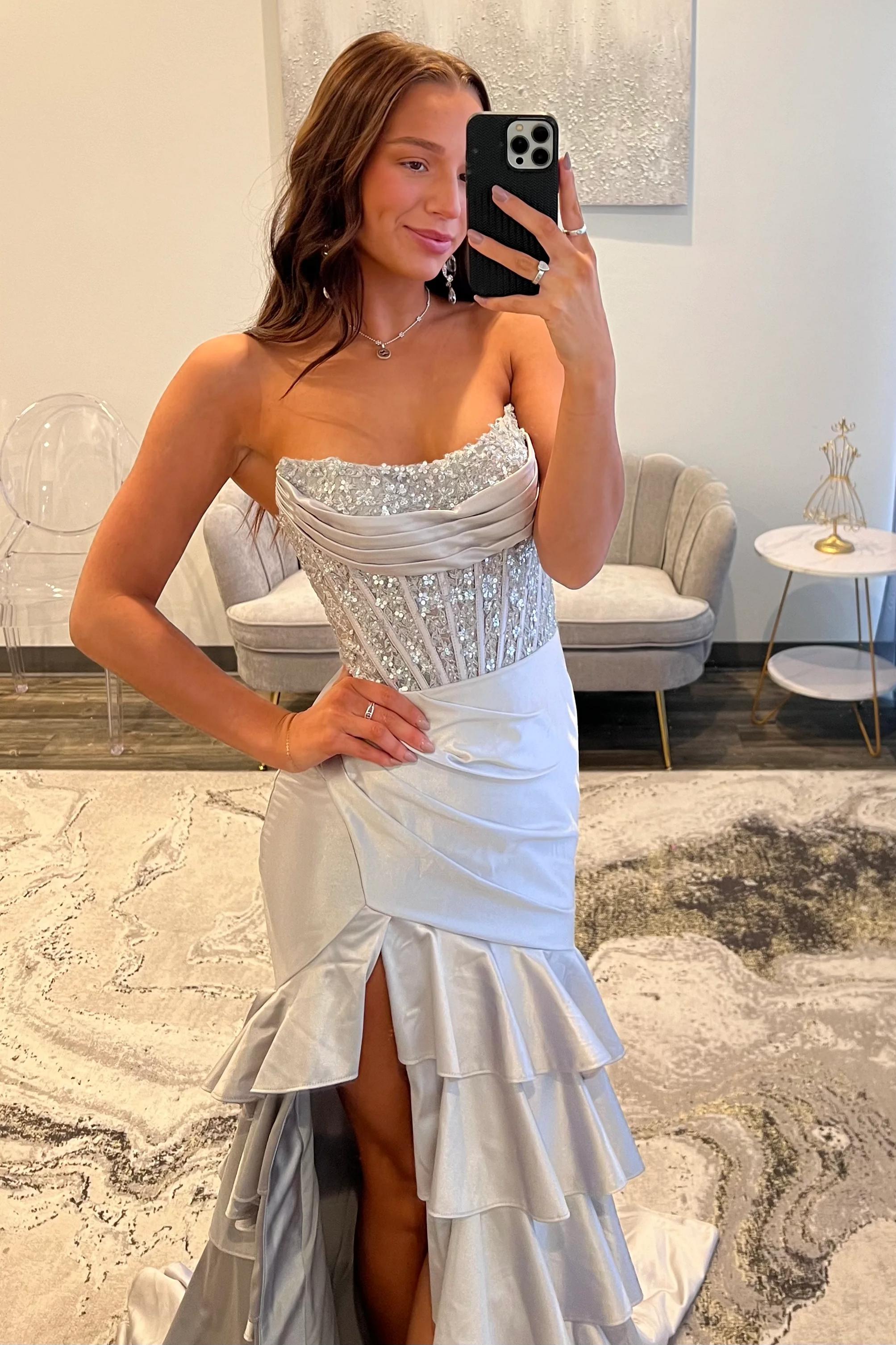 Lovely Mermaid Strapless Lace Top Long Ruffle Satin Prom Dress with Slit