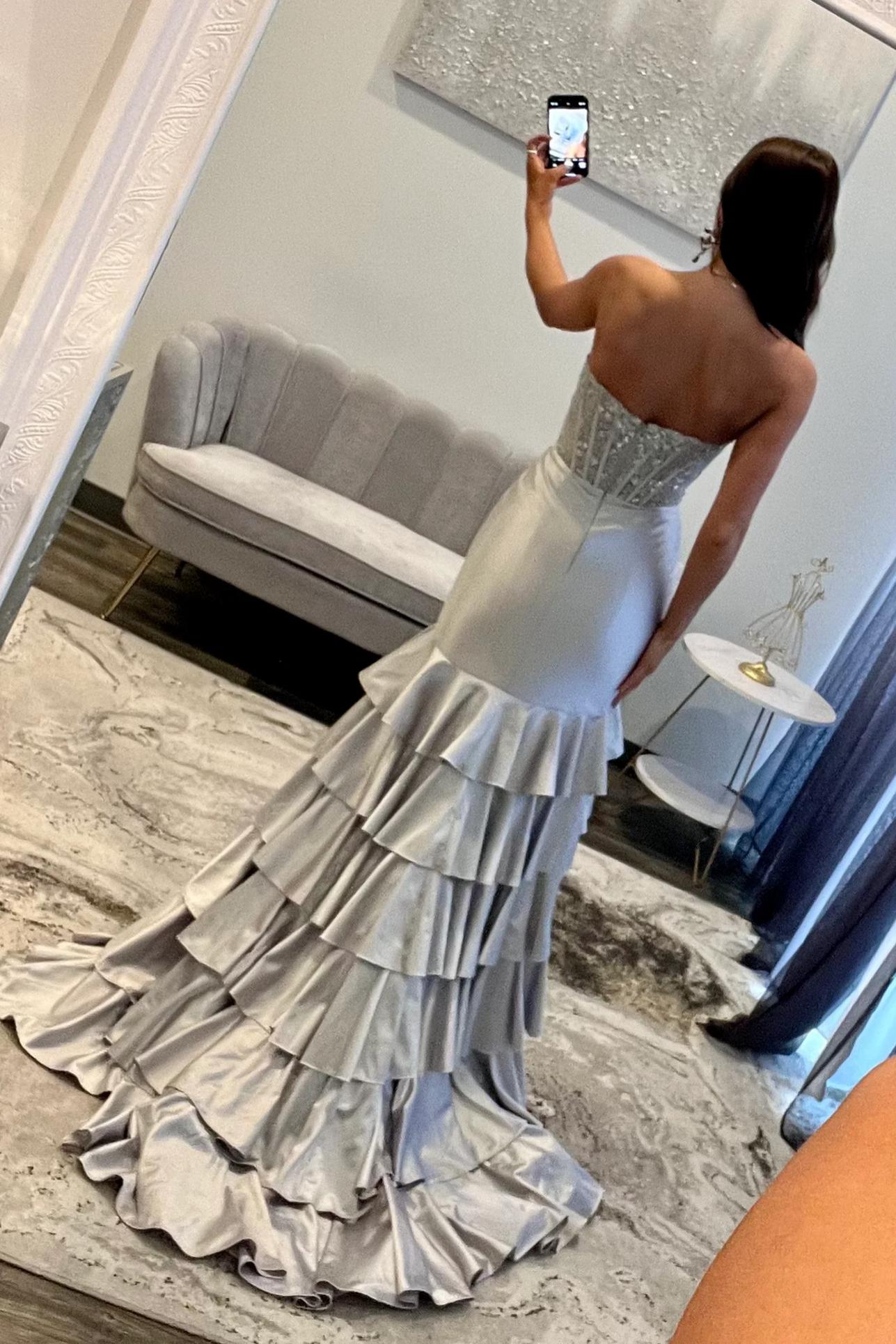 Lovely Mermaid Strapless Lace Top Long Ruffle Satin Prom Dress with Slit