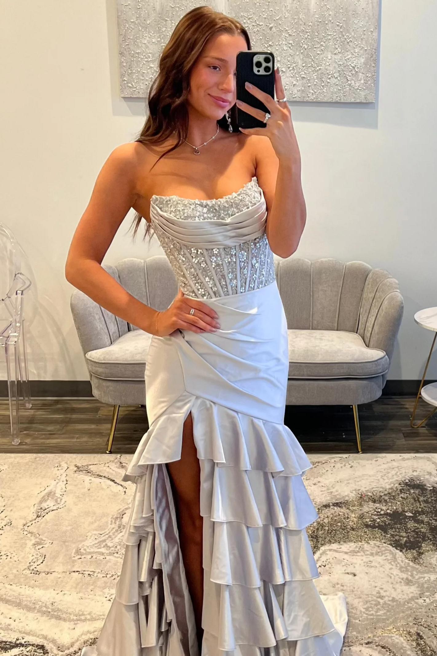 Lovely Mermaid Strapless Lace Top Long Ruffle Satin Prom Dress with Slit