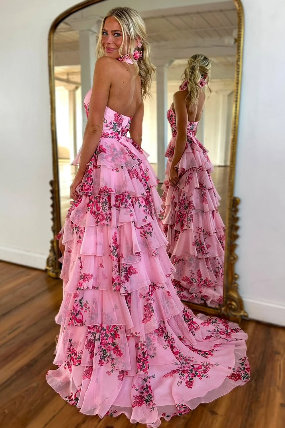 Lovely Pink 3D Flower Halter Neck Prom Dress with A Line Silhouette and Ruffle Printed Chiffon Skirt