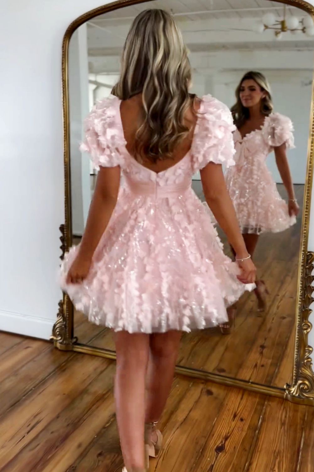 Sweet Pink A Line Homecoming Dress with Puff Sleeves Tulle Fabric and Bow Detail