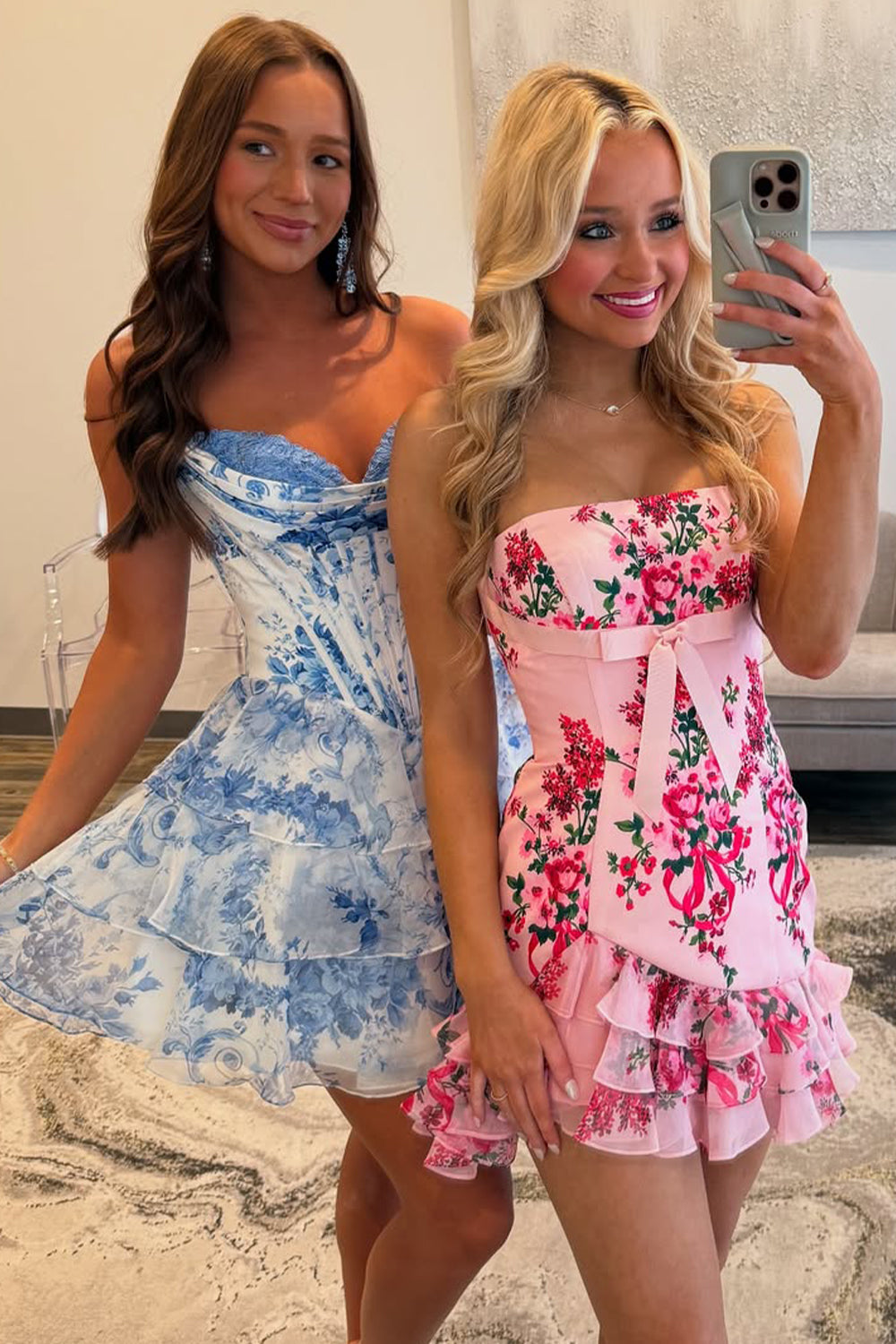 Stylish Strapless Floral Print Homecoming Dress with Bowknot and Ruffle Hem