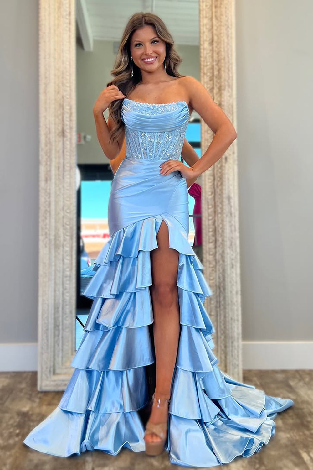 Lovely Mermaid Strapless Lace Top Long Ruffle Satin Prom Dress with Slit