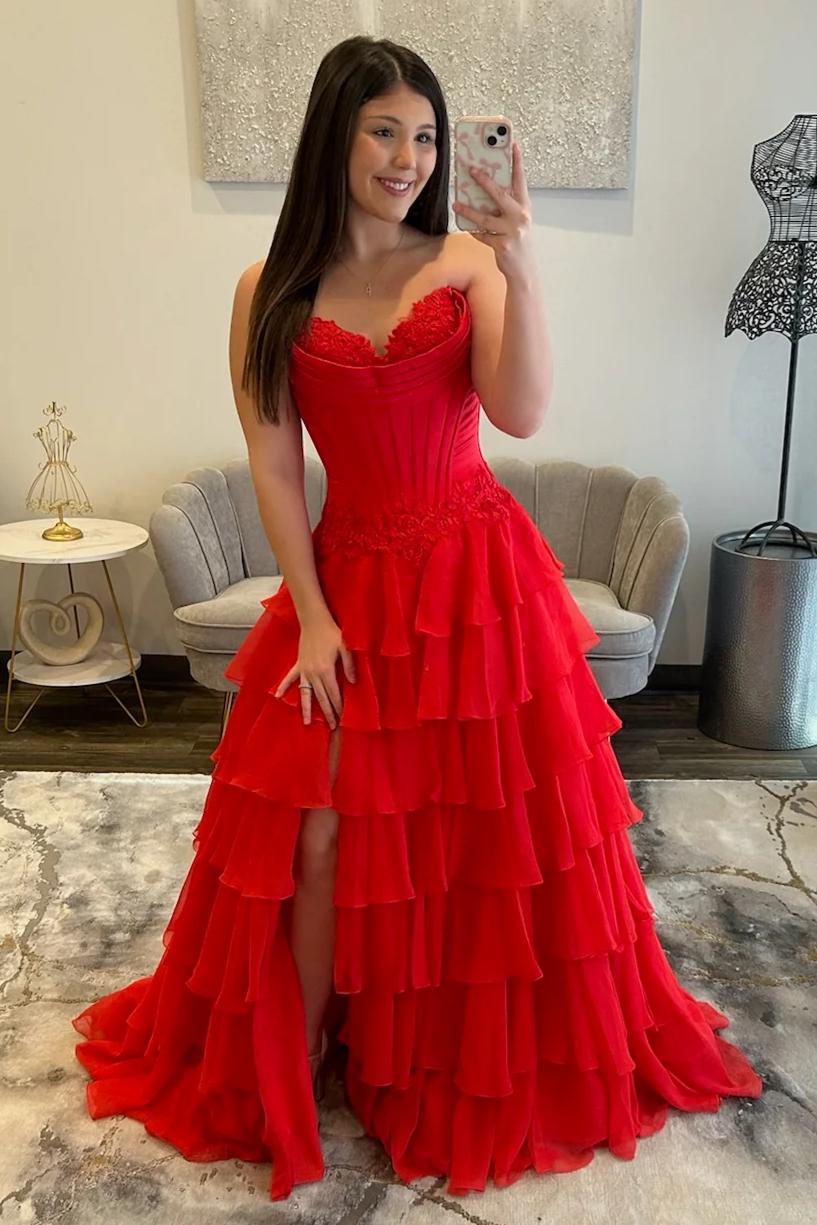 Lovely Sweetheart A-Line Corset Ruffle Prom Dress with High Slit and Appliques