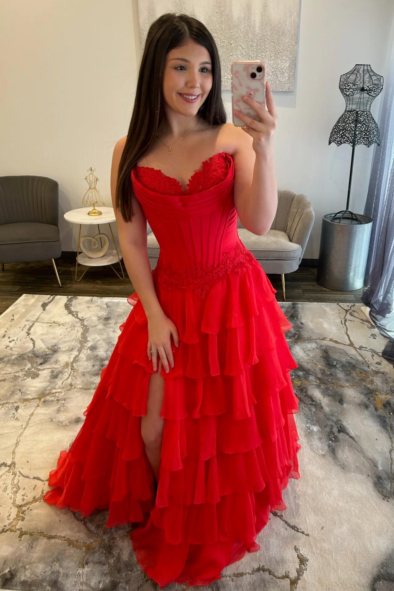 Lovely Sweetheart A-Line Corset Ruffle Prom Dress with High Slit and Appliques