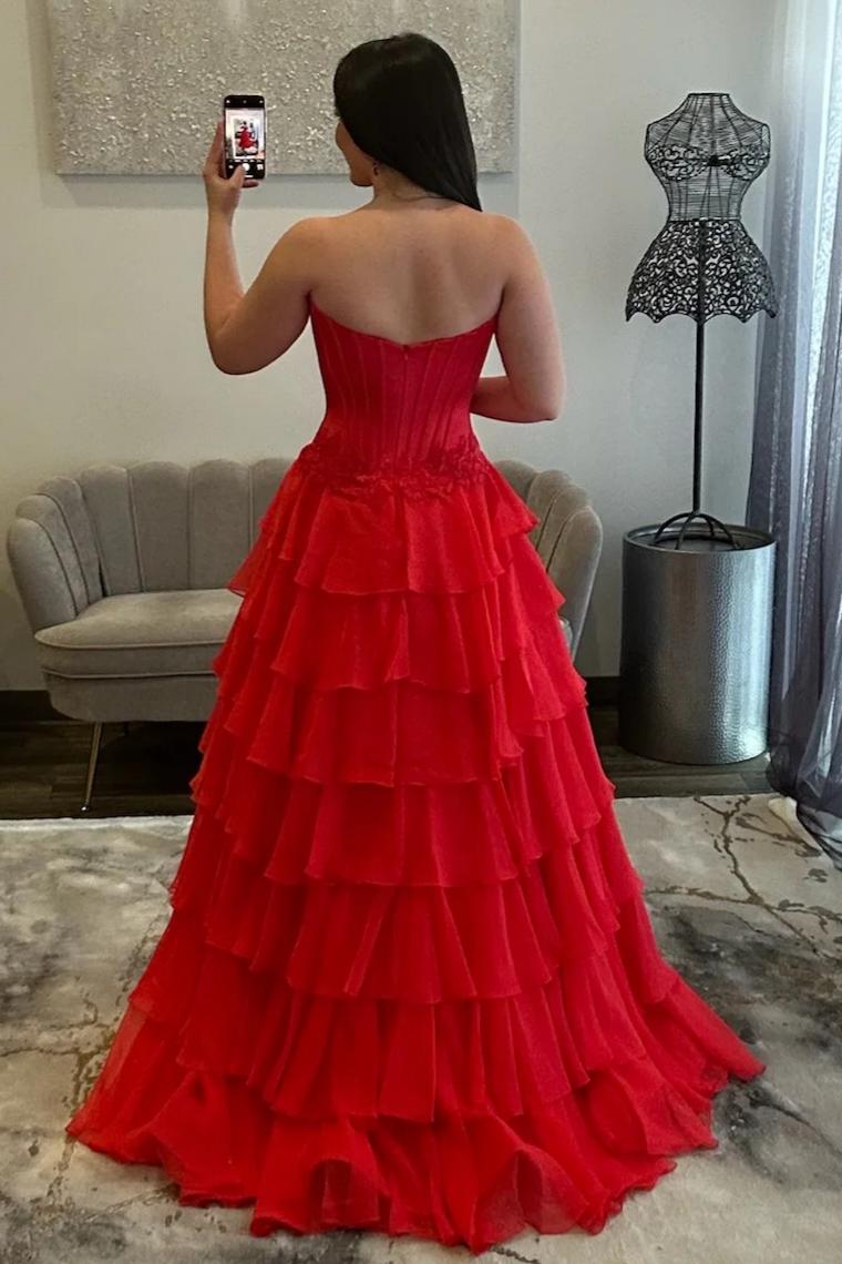 Lovely Sweetheart A-Line Corset Ruffle Prom Dress with High Slit and Appliques