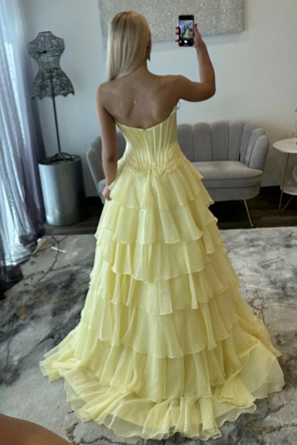 Lovely Sweetheart A-Line Corset Ruffle Prom Dress with High Slit and Appliques