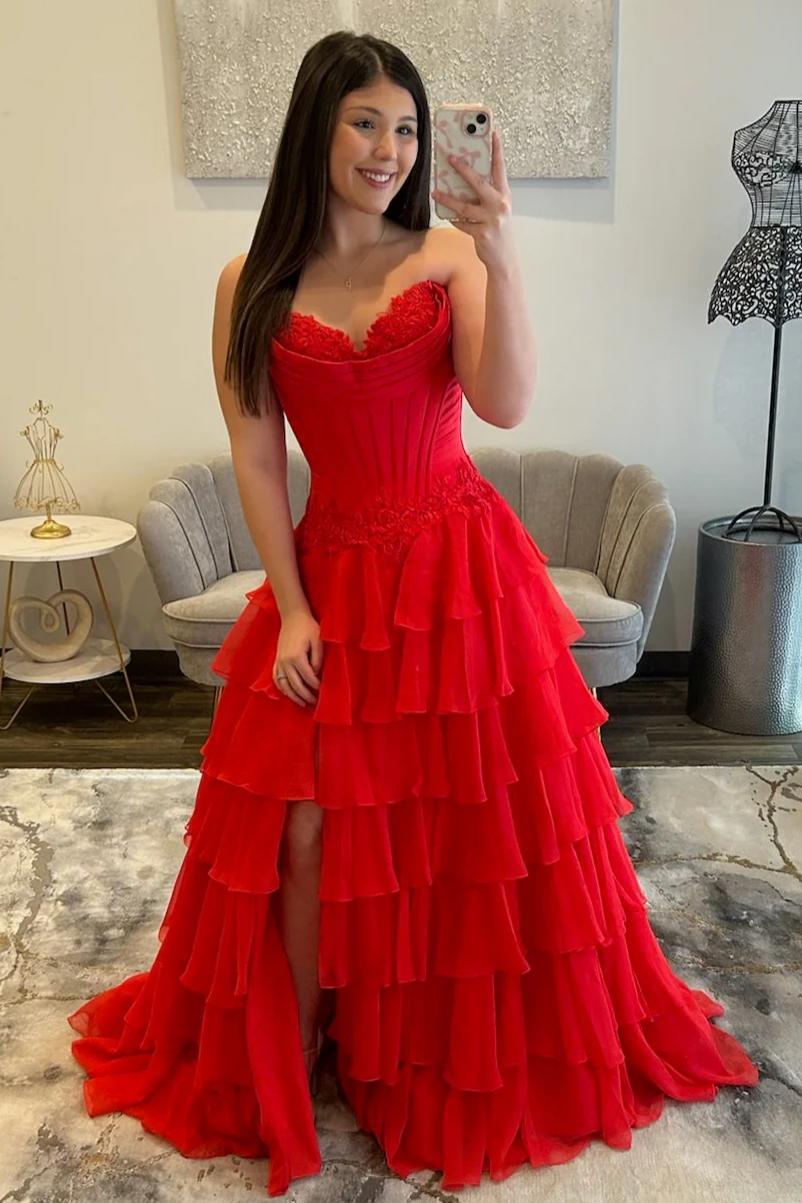 Lovely Sweetheart A-Line Corset Ruffle Prom Dress with High Slit and Appliques