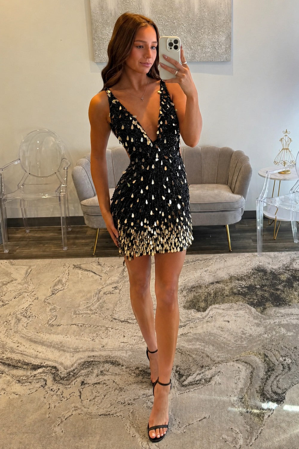 Luxurious Deep V-Neck Backless Short Tight Sequin Homecoming Dress
