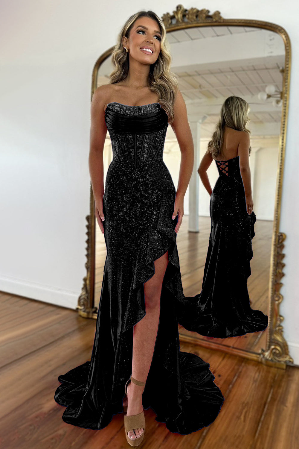 Luxurious Hot Pink Glitter Mermaid Strapless Long Beaded Prom Dress With Leg Slit