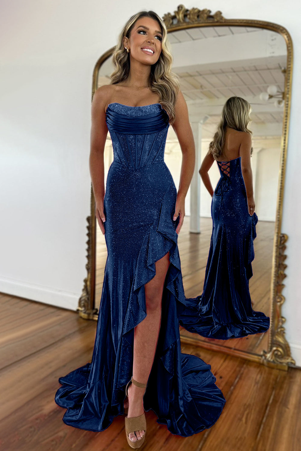 Light Blue Strapless Mermaid Prom Dress with Lace Up Back Beaded Details and Leg Slit