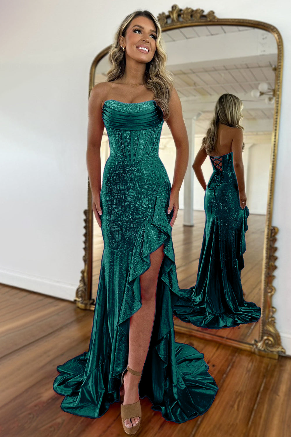 Light Blue Strapless Mermaid Prom Dress with Lace Up Back Beaded Details and Leg Slit