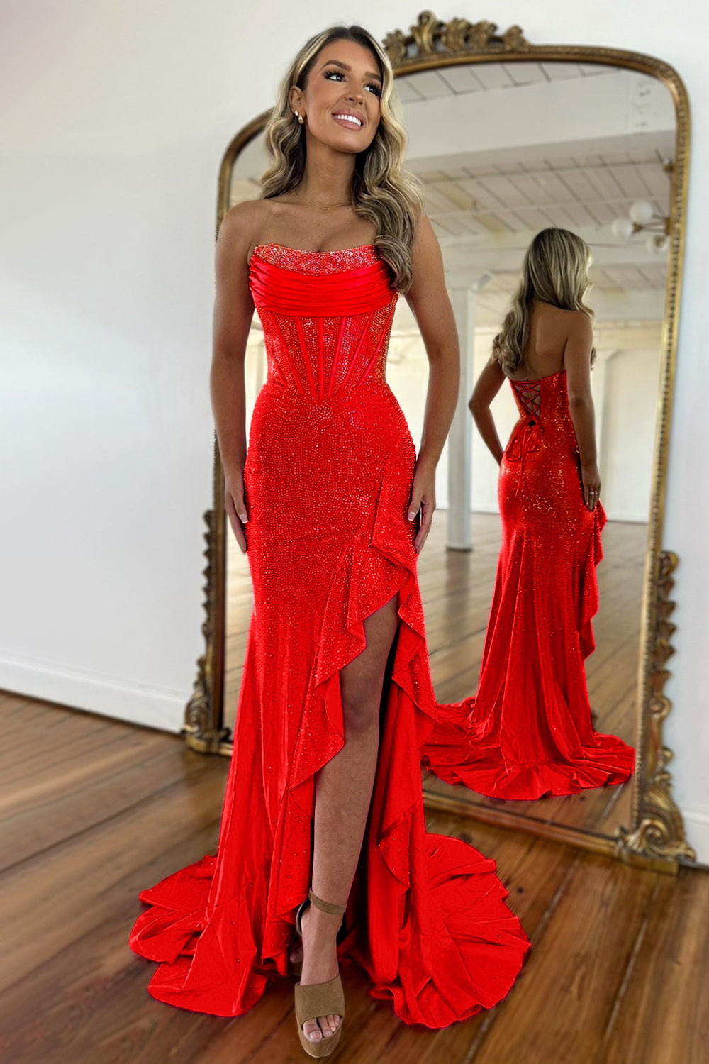Light Blue Strapless Mermaid Prom Dress with Lace Up Back Beaded Details and Leg Slit