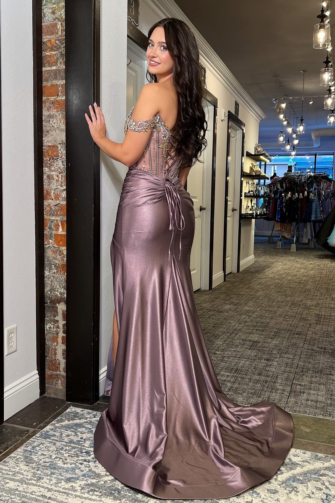 Luxurious Mermaid Off the Shoulder Grey Purple Corset Prom Dress with Beading