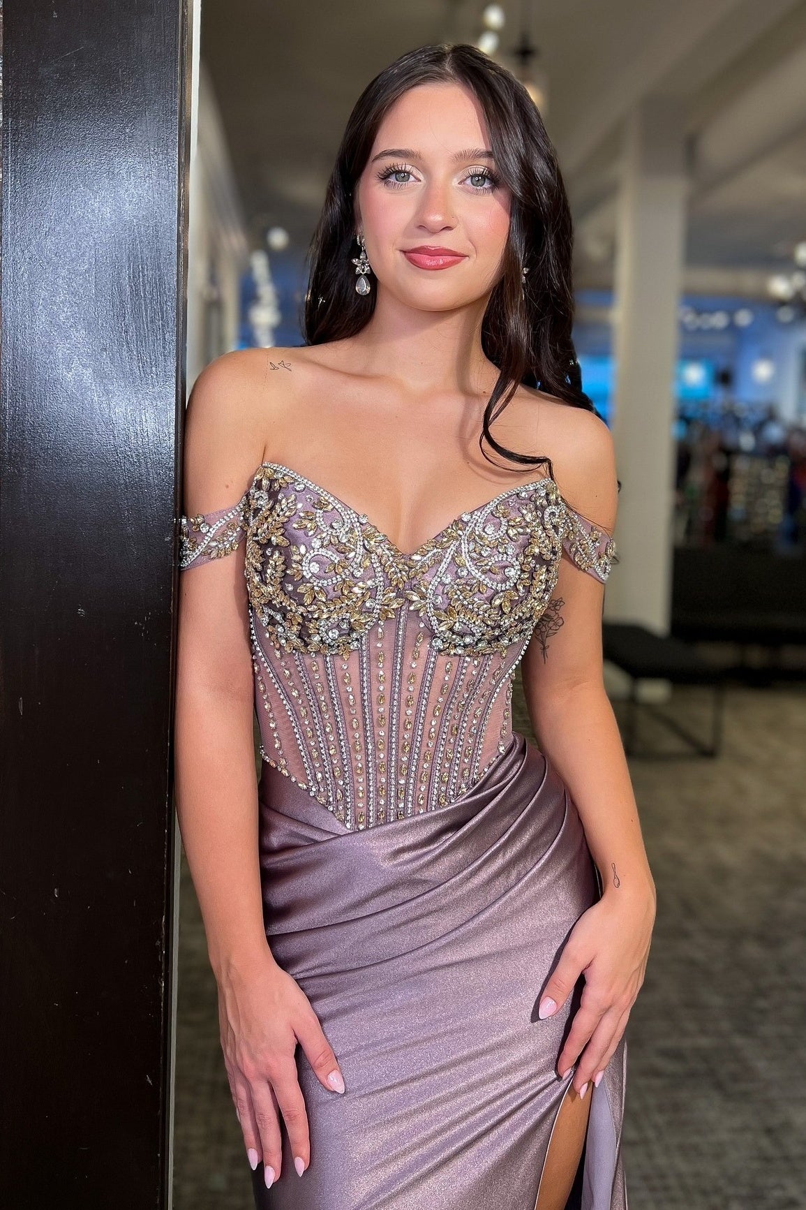 Luxurious Mermaid Off the Shoulder Grey Purple Corset Prom Dress with Beading