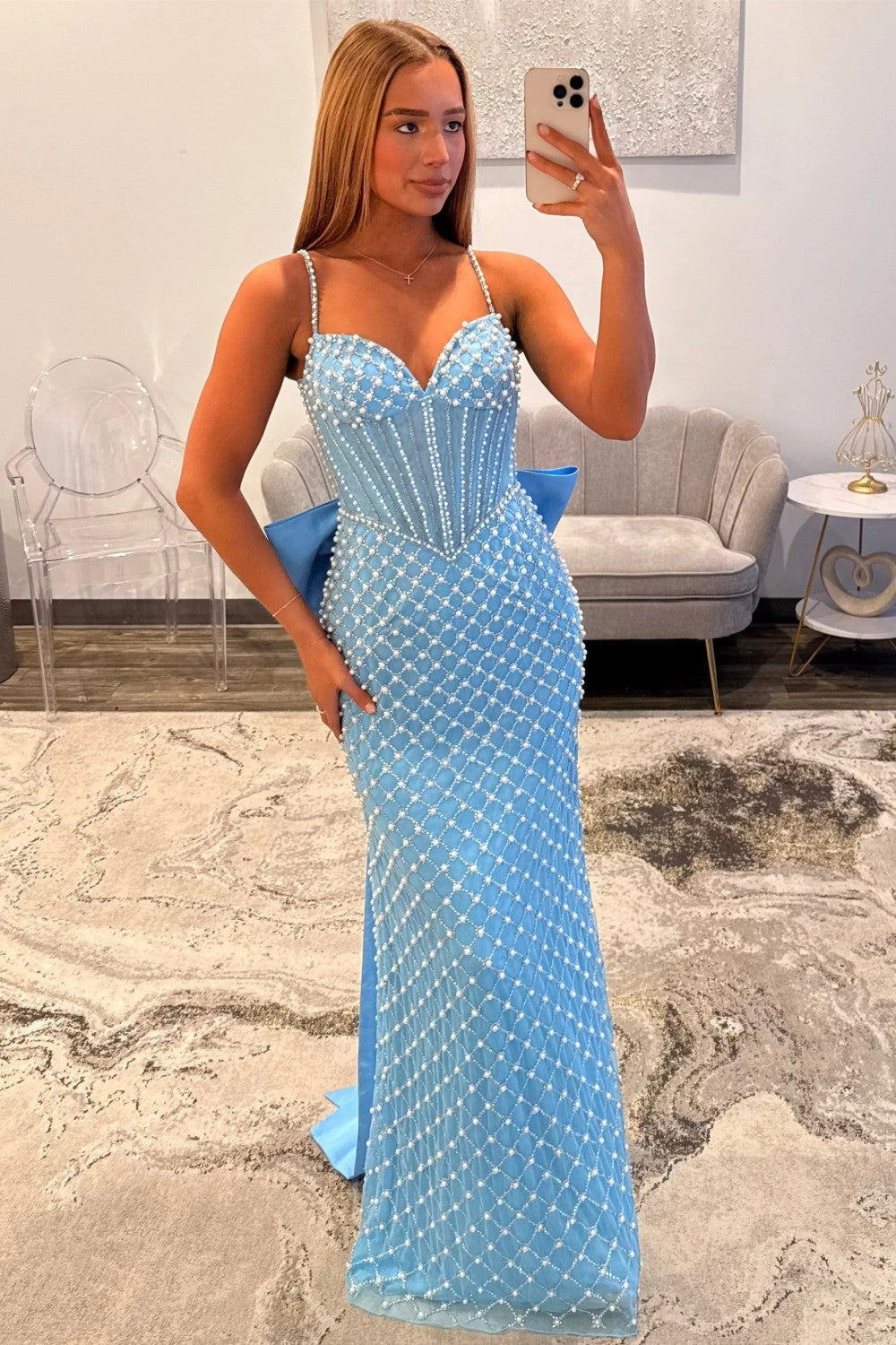 Luxurious Mermaid Spaghetti Straps Blue Corset Prom Dress with Pearls