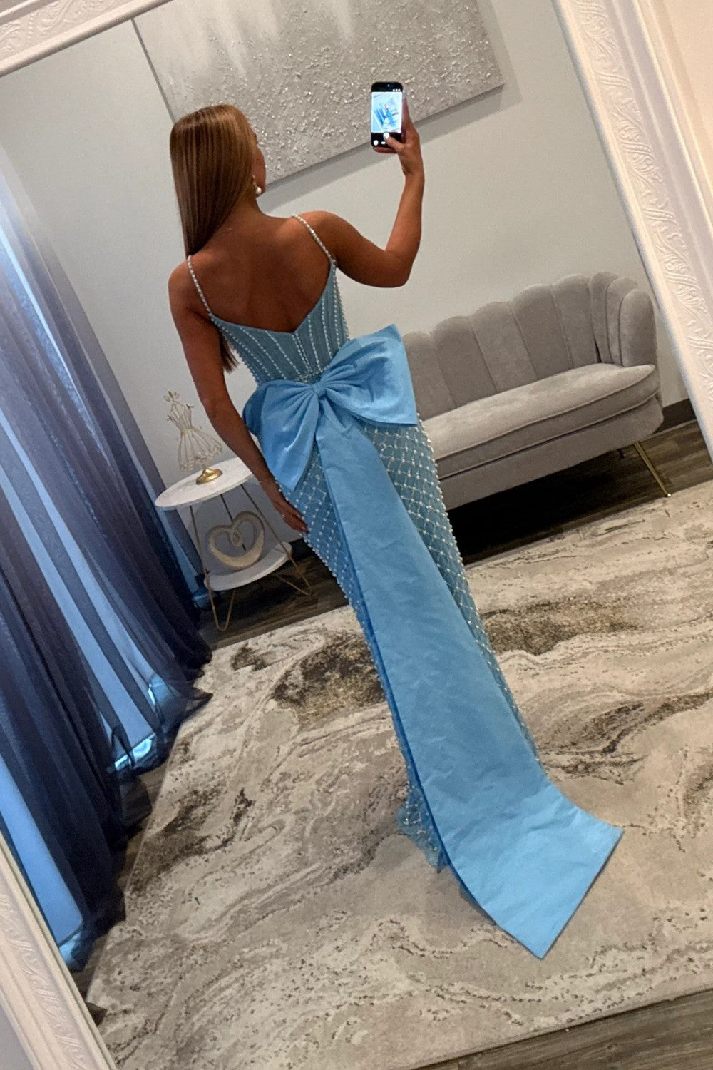 Luxurious Mermaid Spaghetti Straps Blue Corset Prom Dress with Pearls