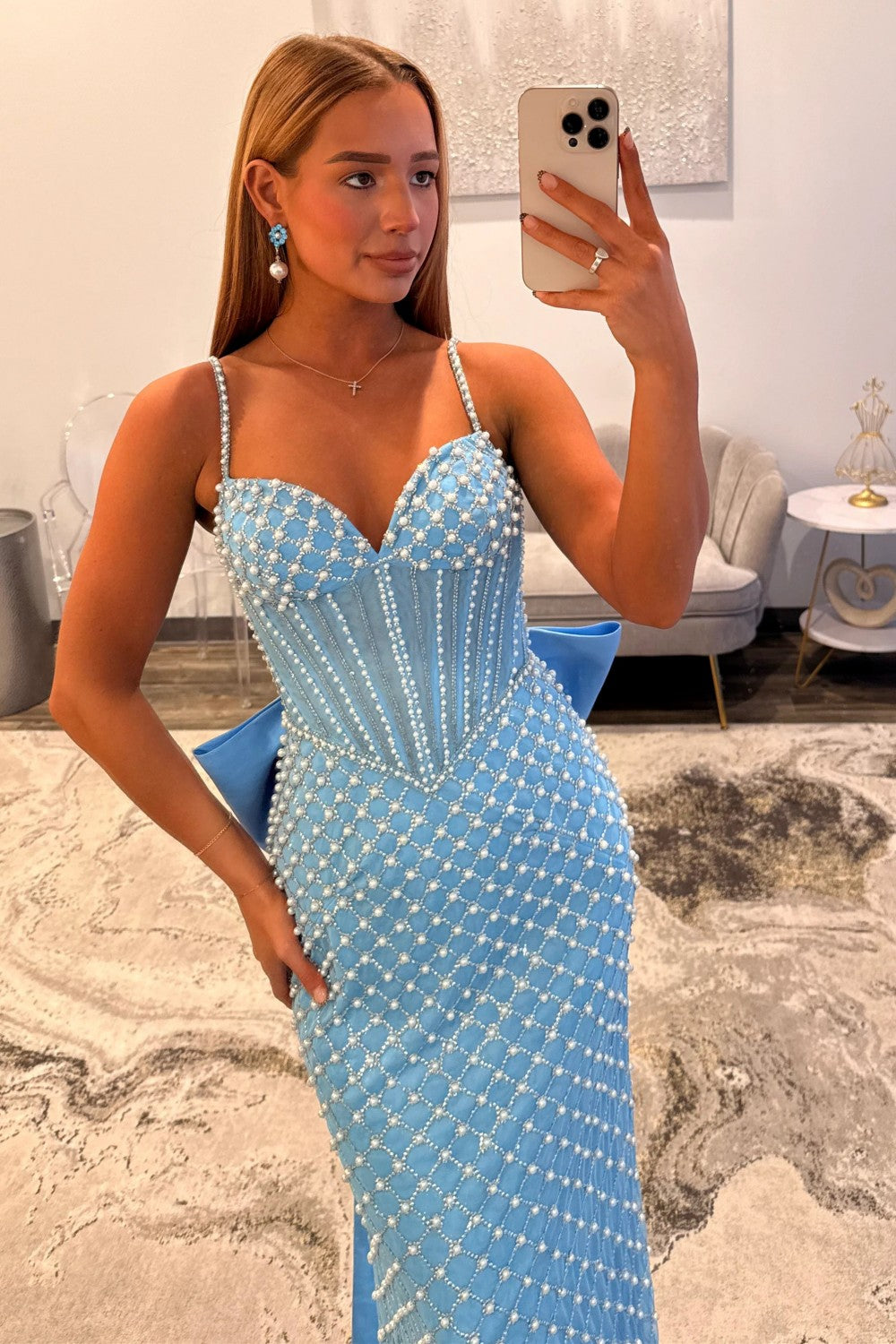 Luxurious Mermaid Spaghetti Straps Blue Corset Prom Dress with Pearls