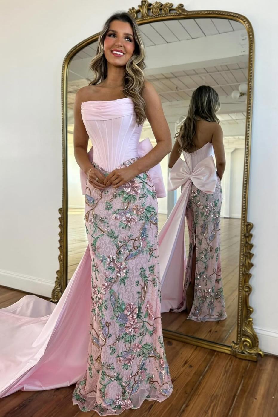 Luxury Blush Pink Strapless Prom Gown with Corset Bodice Floral Sequin Detail & Train
