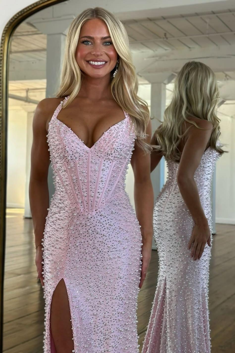 Luxury Pink Pearl Beaded Halter Mermaid Prom Dress with Corset and Slit