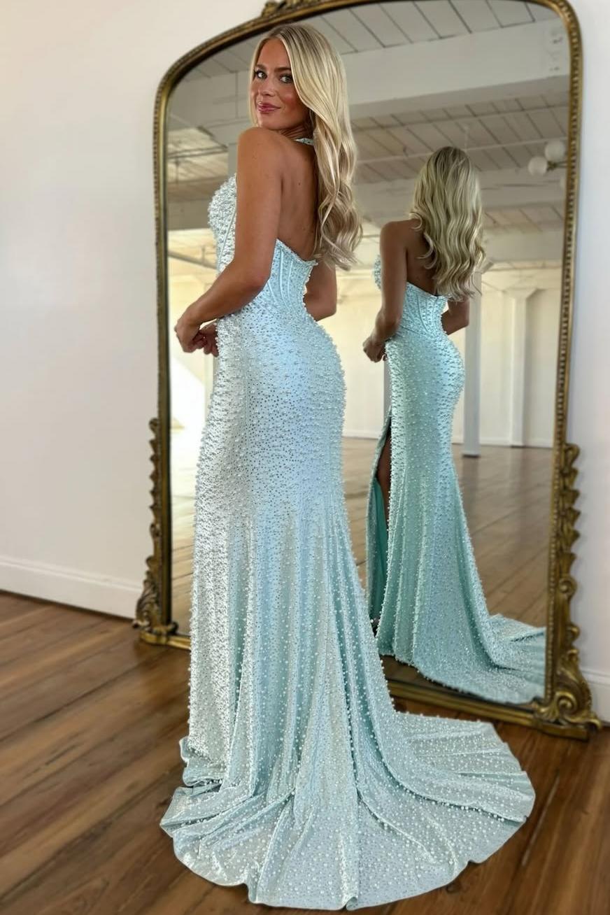 Gorgeous Light Blue Beaded Halter Mermaid Prom Dress With Pearls and Slit