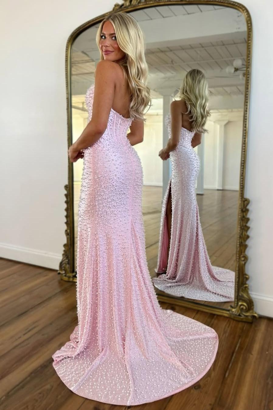 Luxury Pink Pearl Beaded Halter Mermaid Prom Dress with Corset and Slit