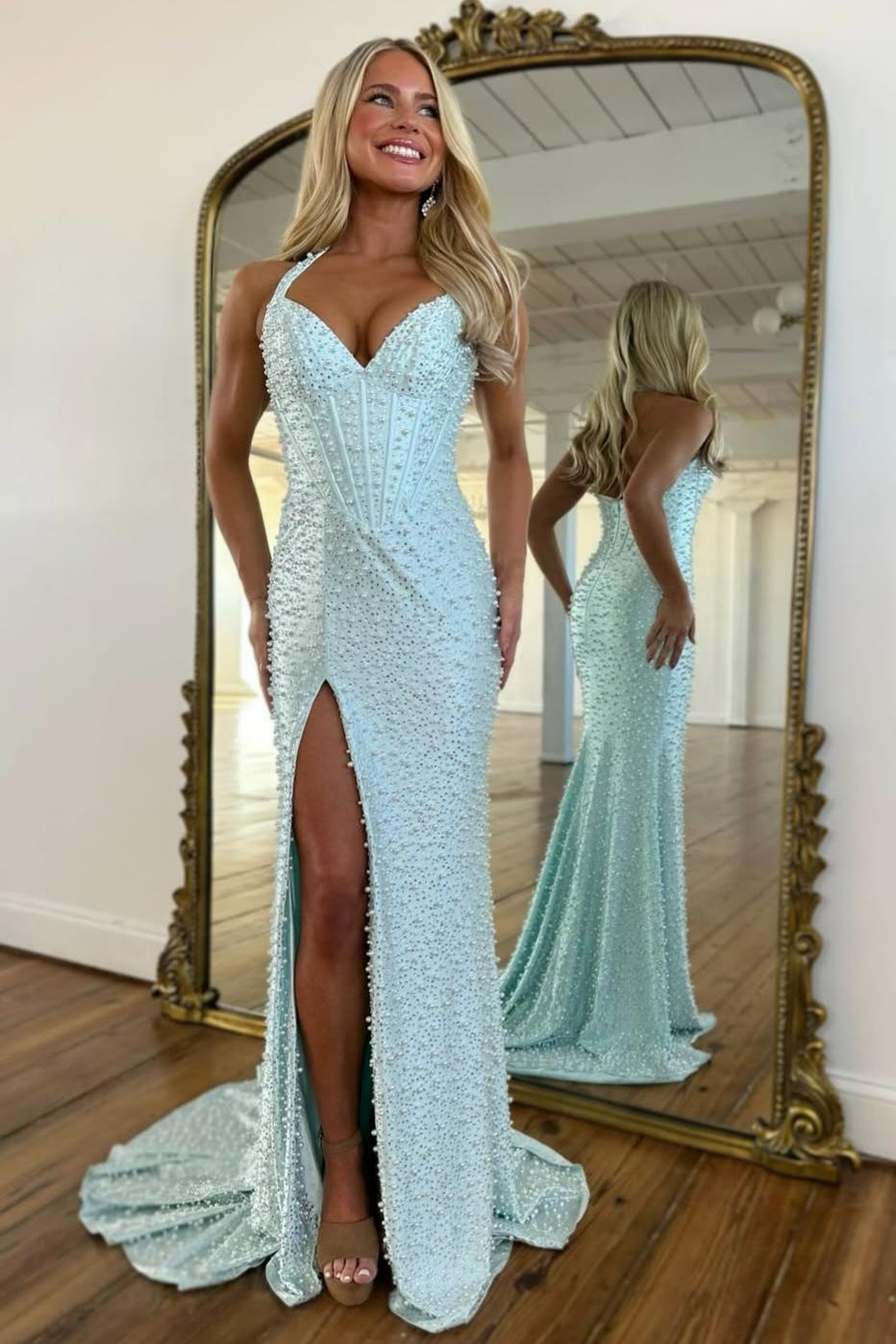 Gorgeous Light Blue Beaded Halter Mermaid Prom Dress With Pearls and Slit
